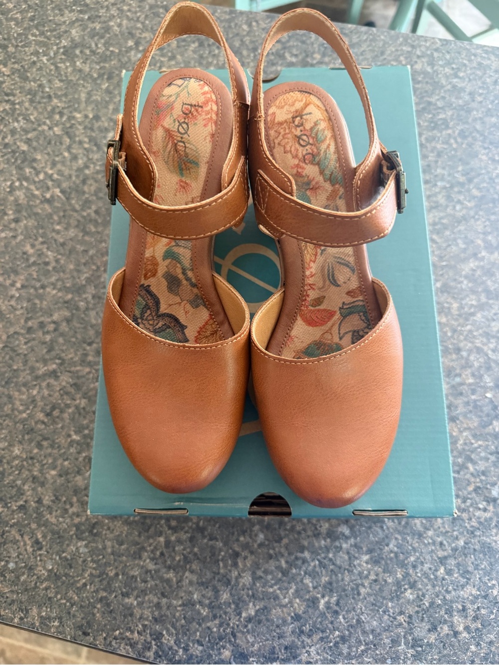 b.o.c. Tan Leather Slingback Clogs with Floral Insole
